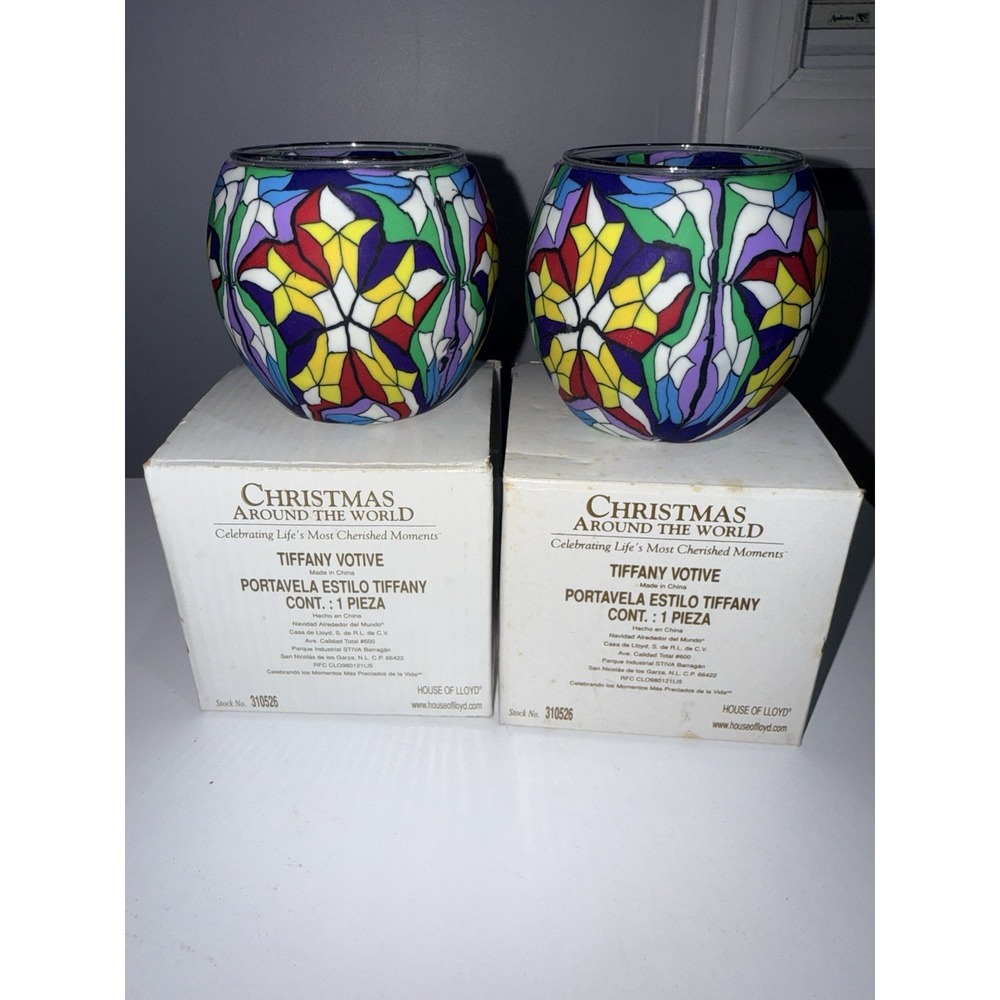 House of Lloyd Christmas Around the World Tiffany Candle Votive Glass SET OF 2 Q
